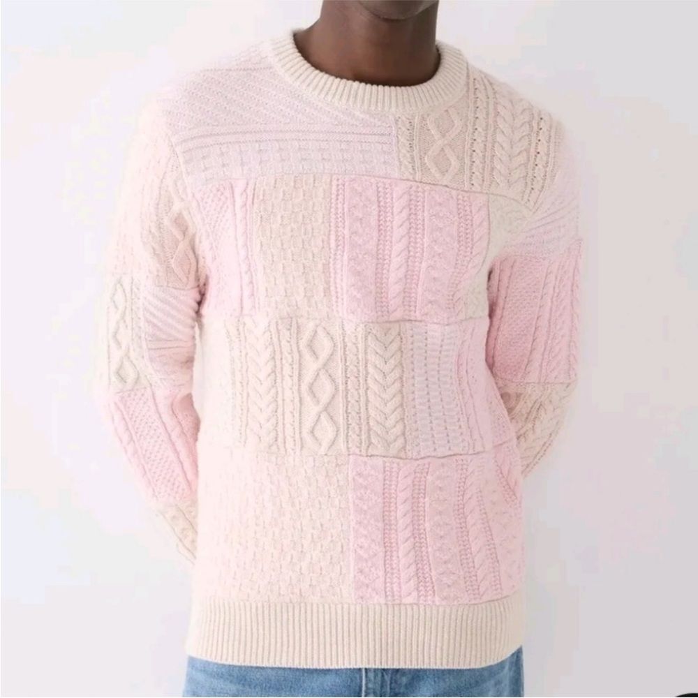 NWT J. CREW Men's Heritage Patchwork Cotton Cable-knit Sweater Ivory Pink - $298